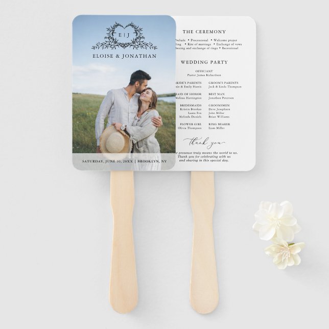 Minimalist monogram Photo Chic Wedding Program Hand Fan (Front and Back)
