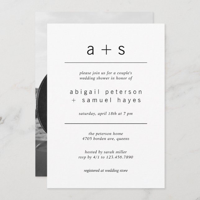 Minimalist Monogram Photo Couples Wedding Shower Invitation (Front/Back)