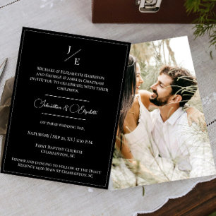 Minimalist Monogram Photo Wedding   Black Invitation