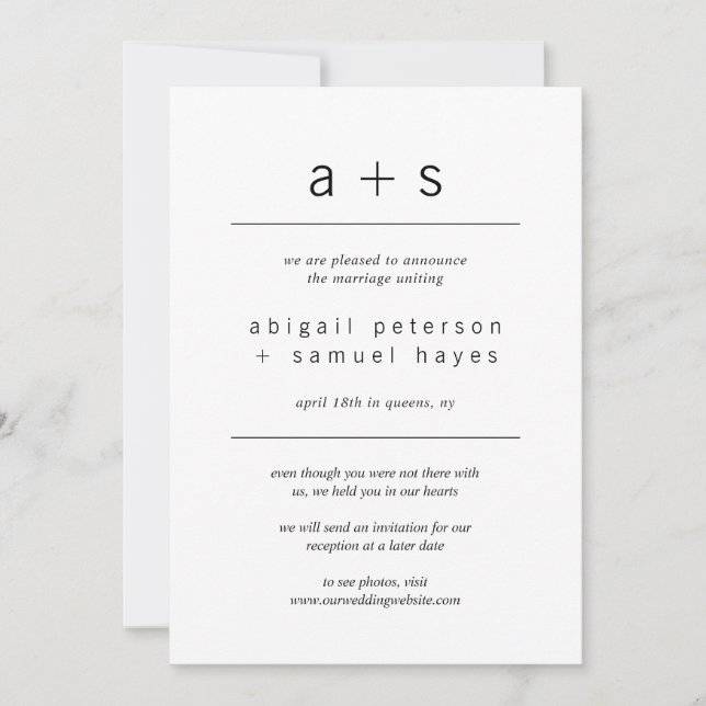 Minimalist Monogram Photo Wedding Elopement Announcement (Front)