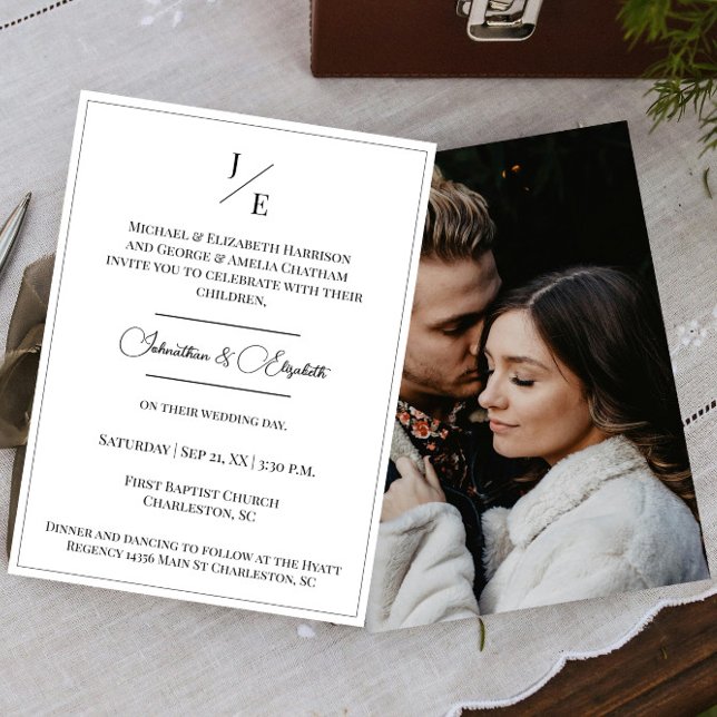 Minimalist Monogram Photo Wedding | White Invitation (Minimalist Monogram Photo White Wedding Invitation)