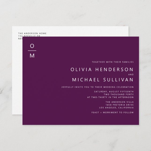 Minimalist Monogram Purple QR Code Wedding Invitation Postcard (Front/Back)