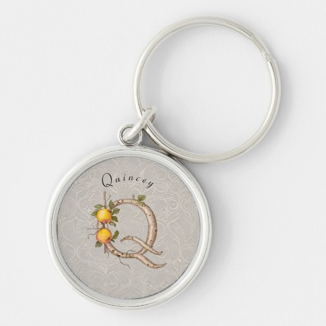 Minimalist Monogram Q: Quince Flowers & Vines Key Ring (Front)