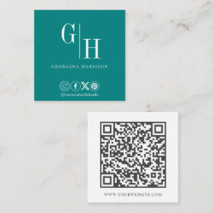 Minimalist Monogram QR Code Teal Square Business Card