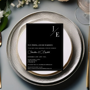 Minimalist Monogram Rehearsal Dinner   Black Invitation