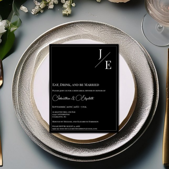 Minimalist Monogram Rehearsal Dinner | Black Invitation (Black Minimalist Monogram Rehearsal Dinner Invitation)