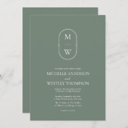 Minimalist Monogram Sage Green All in One Wedding Invitation