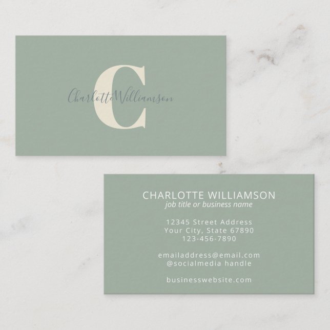 Minimalist Monogram Sage Green Elegant Script Business Card (Front/Back)
