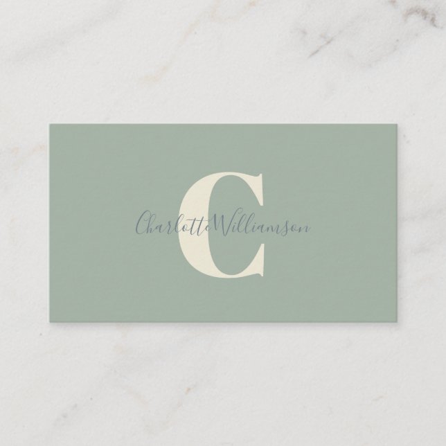 Minimalist Monogram Sage Green Elegant Script Business Card (Front)