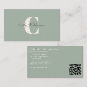 Minimalist Monogram Sage Green Elegant Script QR Business Card