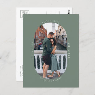 Minimalist Monogram Sage Green Photo Save the Date Postcard