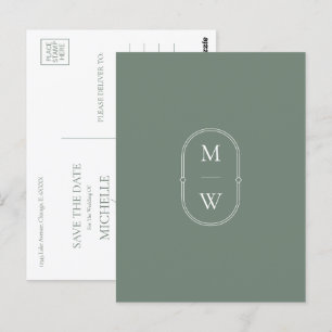 Minimalist Monogram Sage Green Save the Date Postcard