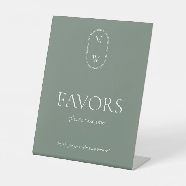 Minimalist Monogram Sage Green Wedding Favour Pedestal Sign (Front)