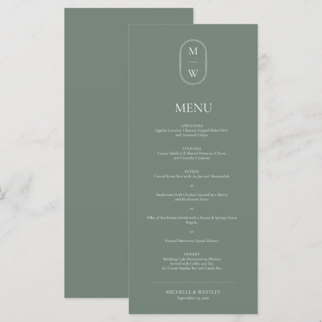 Minimalist Monogram Sage Green Wedding Menu (Front/Back)