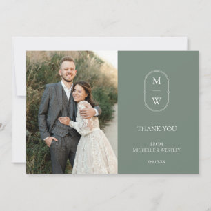 Minimalist Monogram Sage Green Wedding Photo Thank You Card