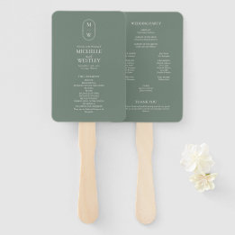 Minimalist Monogram Sage Green Wedding Program Hand Fan
