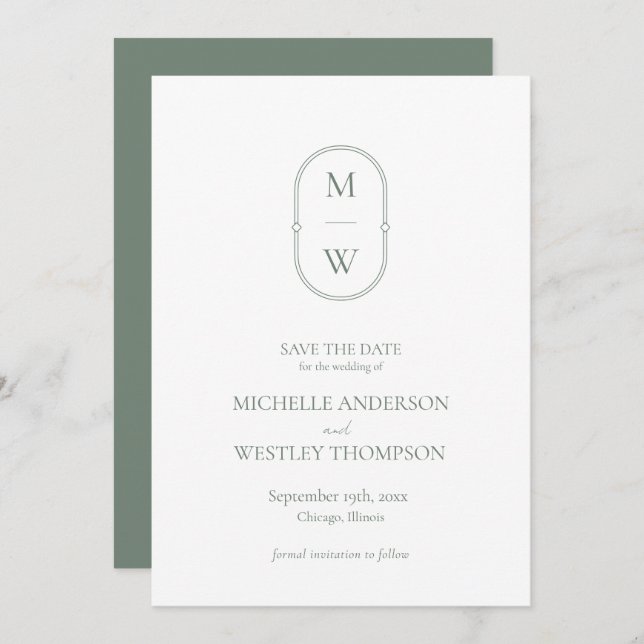 Minimalist Monogram Sage Green Wedding Save The Date (Front/Back)