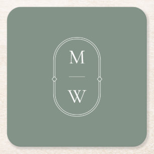 Minimalist Monogram Sage Green Wedding Square Paper Coaster