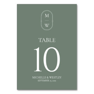 Minimalist Monogram Sage Green Wedding Table Number