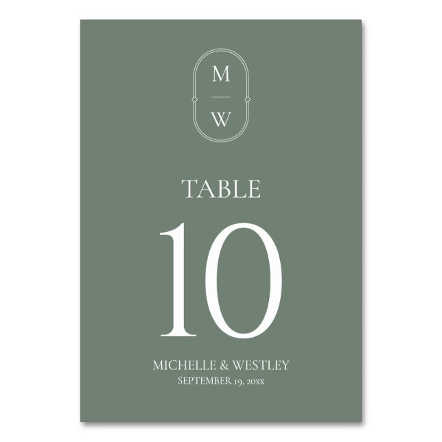 Minimalist Monogram Sage Green Wedding Table Number (Front)