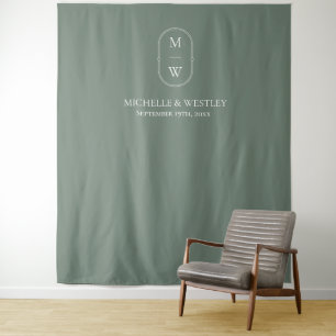Minimalist Monogram Sage Green Wedding Tapestry