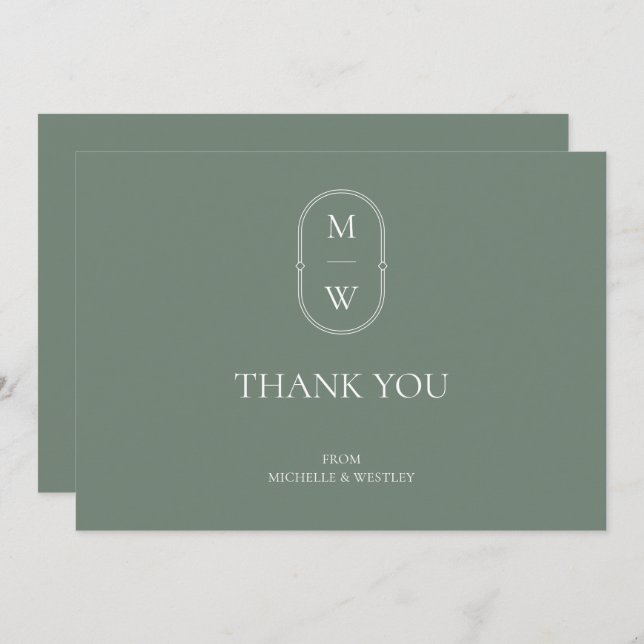 Minimalist Monogram Sage Green Wedding Thank You Card (Front/Back)