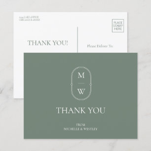 Minimalist Monogram Sage Green Wedding Thank You Postcard