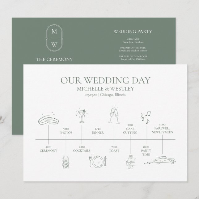 Minimalist Monogram Sage Green Wedding Timeline Programme (Front/Back)