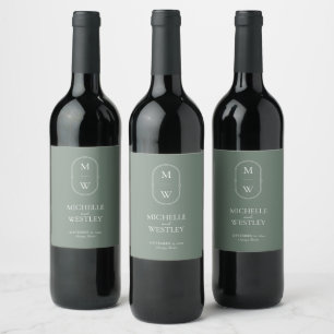 Minimalist Monogram Sage Green Wedding  Wine Label