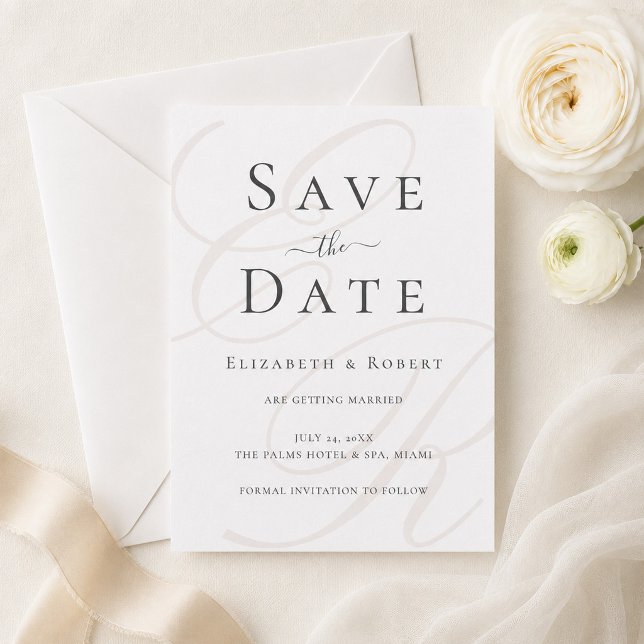 Minimalist Monogram Save the Date Card (Minimalist Monogram Save the Date Card on a table with white flowers and a silk ribbon)