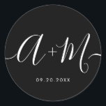 Minimalist Monogram Script Custom Wedding date Classic Round Sticker<br><div class="desc">Elevate your wedding details with the Minimalist Monogram Script Custom Wedding Date Sticker white text on black. This elegant and personalised sticker adds a touch of sophistication to your wedding stationery, allowing you to showcase your monogram and wedding date in a simple yet impactful way. The sticker features a minimalist...</div>