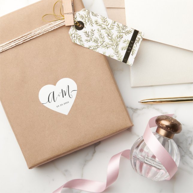 Minimalist Monogram Script Custom Wedding date Heart Sticker (Gifting)