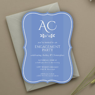 Minimalist Monogram Striped Blue Engagement Party Invitation