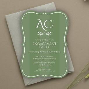 Minimalist Monogram Striped Green Engagement Party Invitation