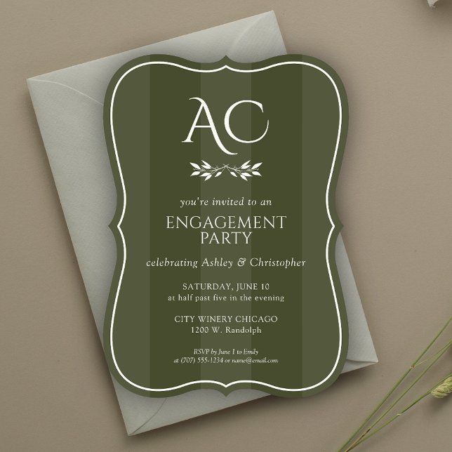 Minimalist Monogram Striped Green Engagement Party Invitation (Creator Uploaded)