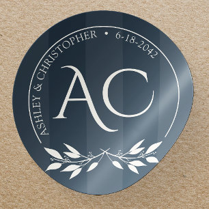 Minimalist Monogram Striped Indigo Blue Wedding Classic Round Sticker