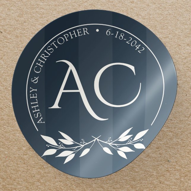Minimalist Monogram Striped Indigo Blue Wedding Classic Round Sticker (Creator Uploaded)