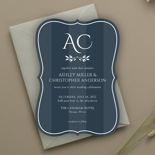 Minimalist Monogram Striped Indigo Blue Wedding Invitation (Creator Uploaded)