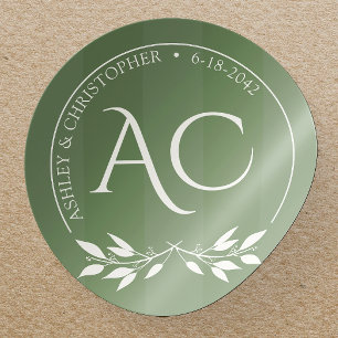 Minimalist Monogram Striped Muted Green Wedding Classic Round Sticker