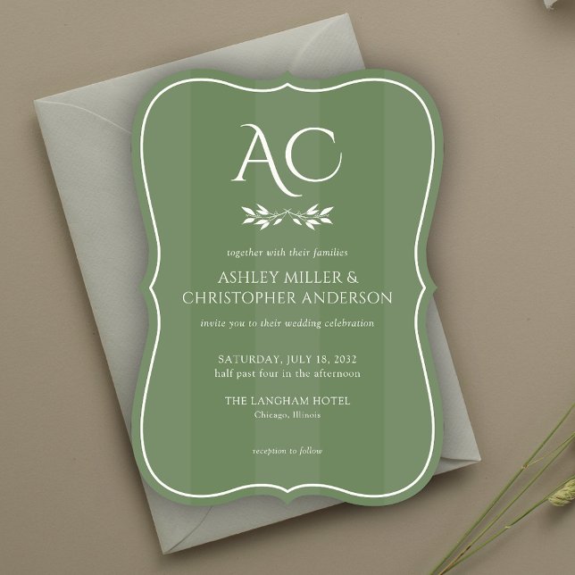 Minimalist Monogram Striped Muted Green Wedding Invitation (Creator Uploaded)