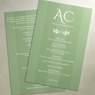 Minimalist Monogram Striped Muted Green Wedding Programme