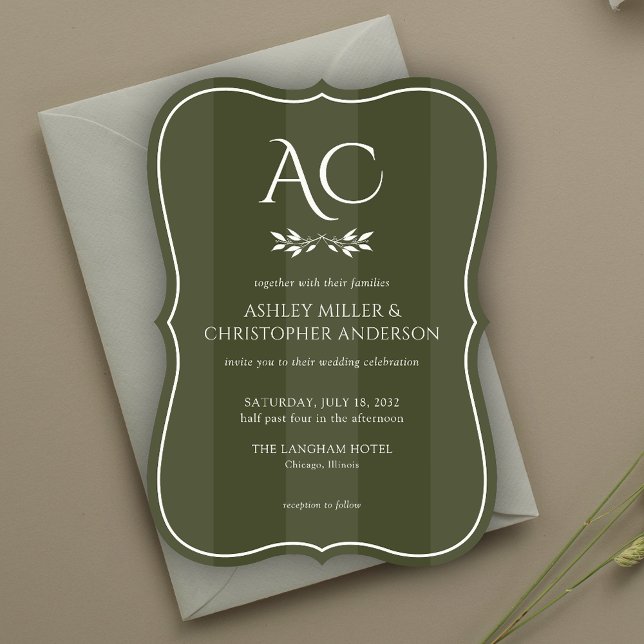 Minimalist Monogram Striped Olive Green Wedding Invitation (Creator Uploaded)