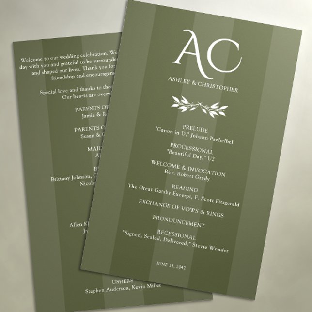 Minimalist Monogram Striped Olive Green Wedding Programme (Creator Uploaded)
