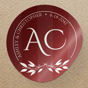 Minimalist Monogram Striped Rosewood Red Wedding Classic Round Sticker