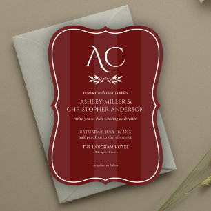 Minimalist Monogram Striped Rosewood Red Wedding Invitation