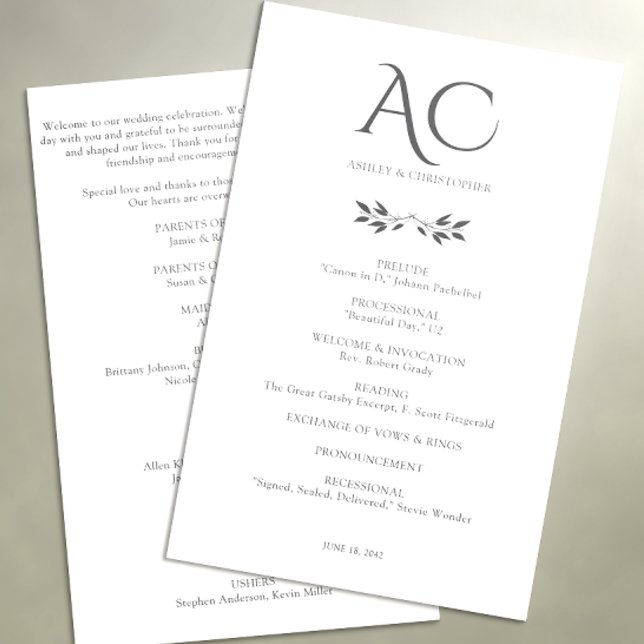 Minimalist Monogram Striped Soft White Wedding Programme (Creator Uploaded)
