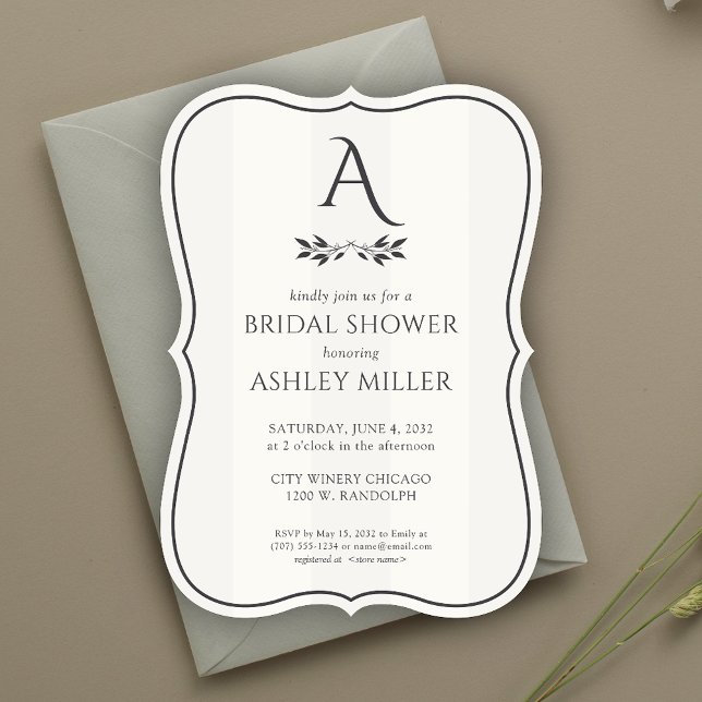 Minimalist Monogram Striped White Bridal Shower Invitation (Creator Uploaded)