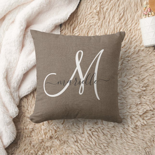 Minimalist Monogram Taupe Faux Linen  Cushion (Blanket)