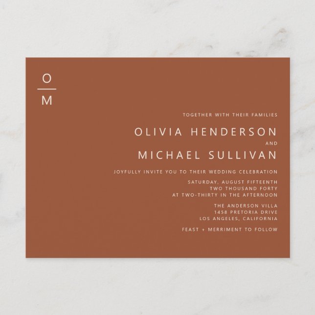 Minimalist Monogram Terracotta QR Code Wedding Invitation Postcard (Front)