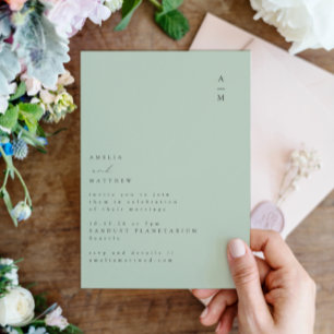 Minimalist Monogram Trendy Chic Pistachio Wedding Invitation